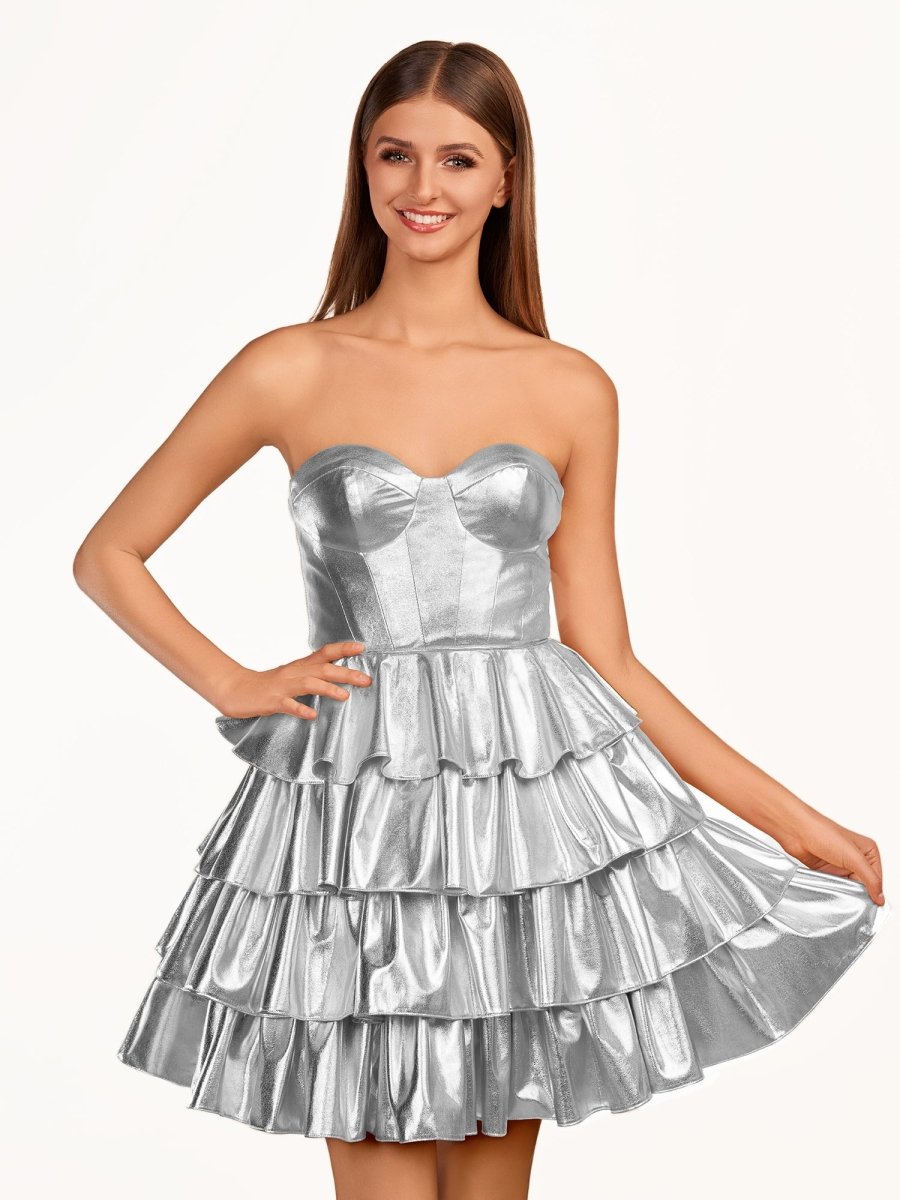 Sevoba|A-Line Sweetheart Gold Metallic Ruffle Homecoming Dress