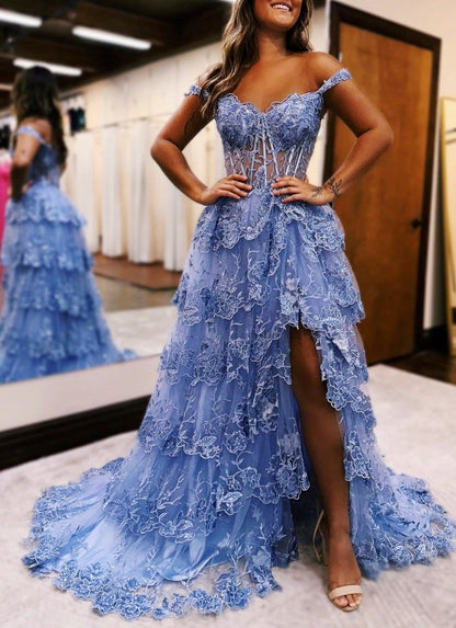 Maryann | Periwinkle Tulle Appliques Off-the-Shoulder Ruffle Long Prom Dress