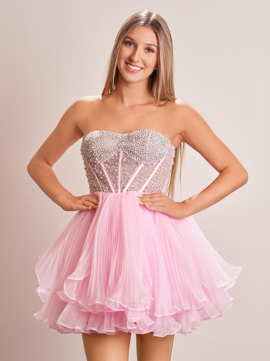 Sevoba|A-Line Pink Sweetheart Ruffled Short Homecoming Dress