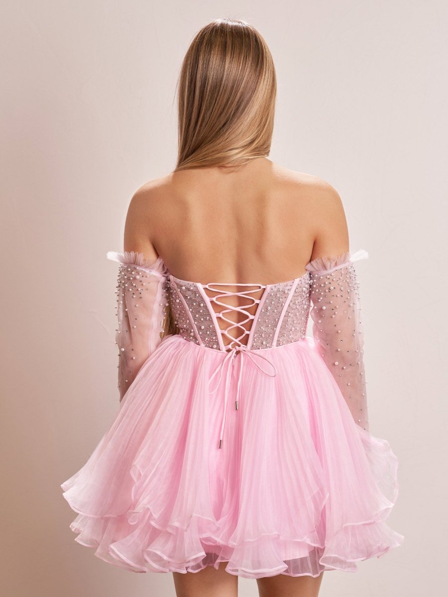 Sevoba|A-Line Pink Sweetheart Ruffled Short Homecoming Dress