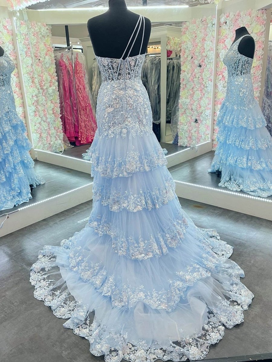 Sevoba | Sheath One Shoulder Tiered Lace Long Prom Dress