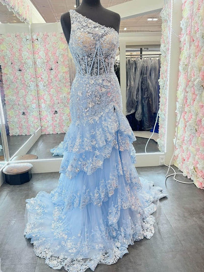 Sevoba | Sheath One Shoulder Tiered Lace Long Prom Dress