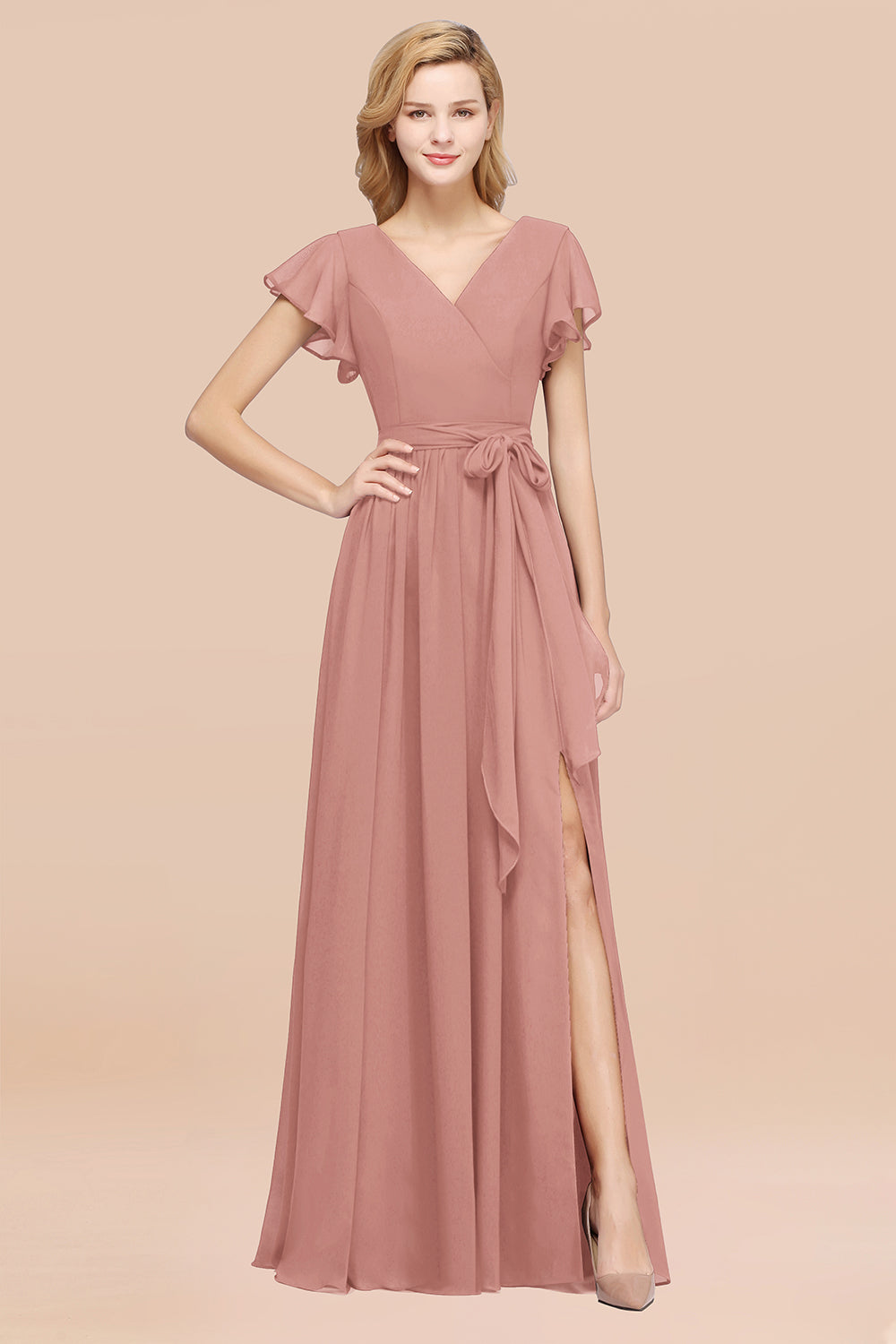 Burgundy V-Neck Long Bridesmaid Dresses With Short-Sleeves