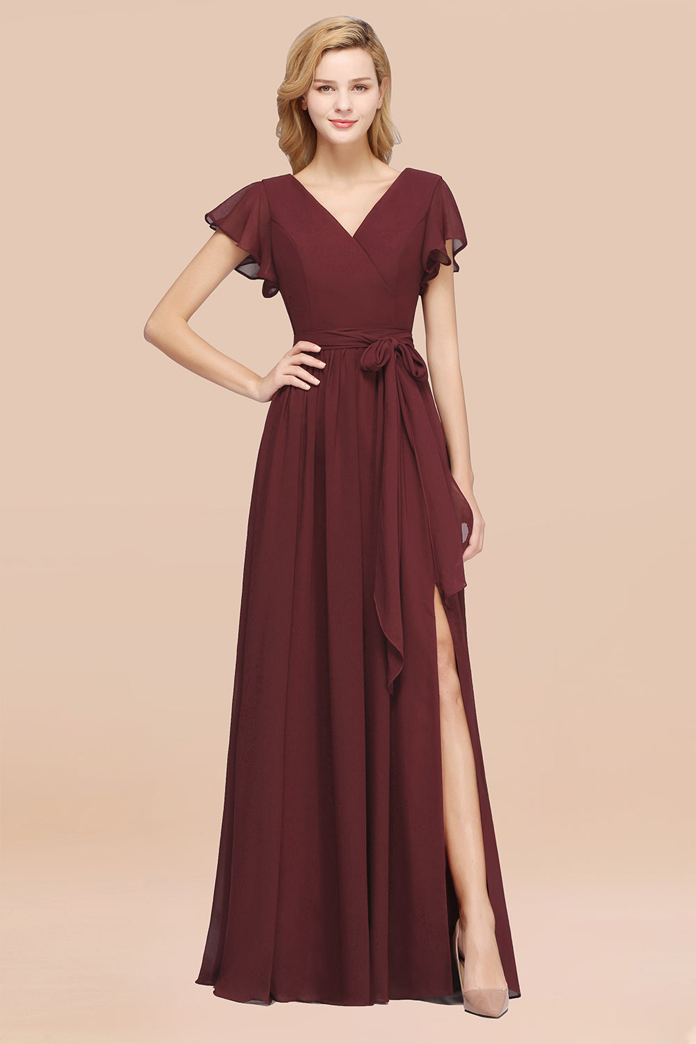 Burgundy V-Neck Long Bridesmaid Dresses With Short-Sleeves