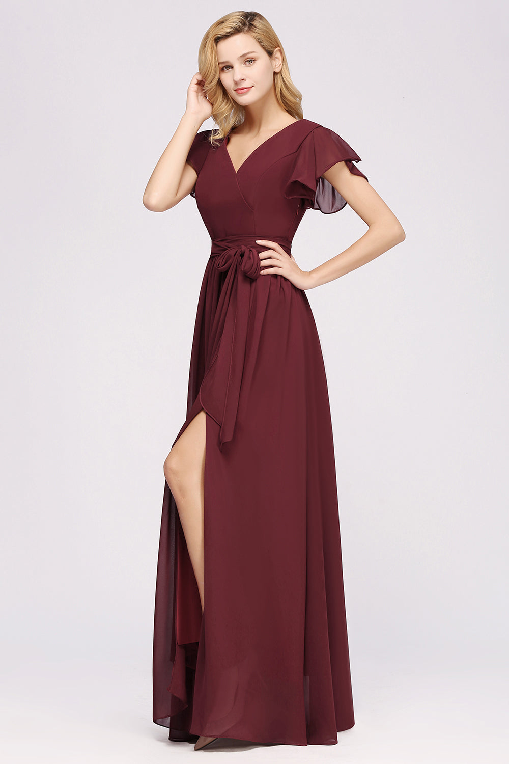 Burgundy V-Neck Long Bridesmaid Dresses With Short-Sleeves