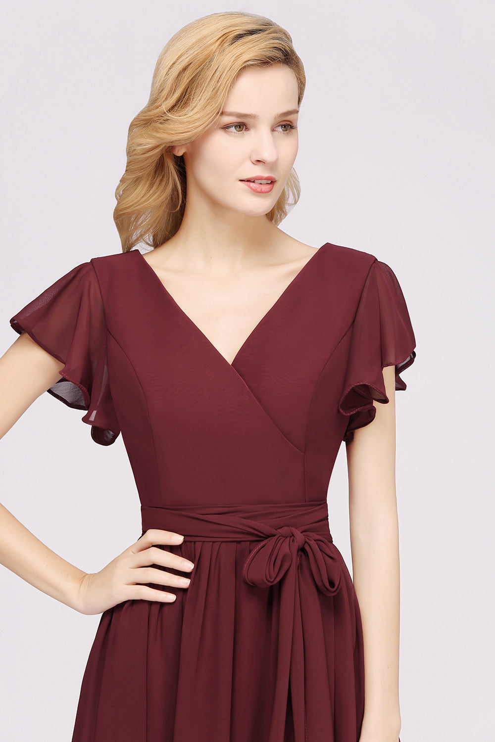 Burgundy V-Neck Long Bridesmaid Dresses With Short-Sleeves