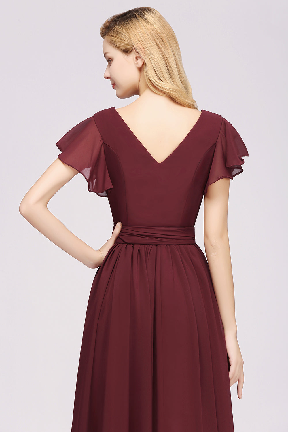 Burgundy V-Neck Long Bridesmaid Dresses With Short-Sleeves