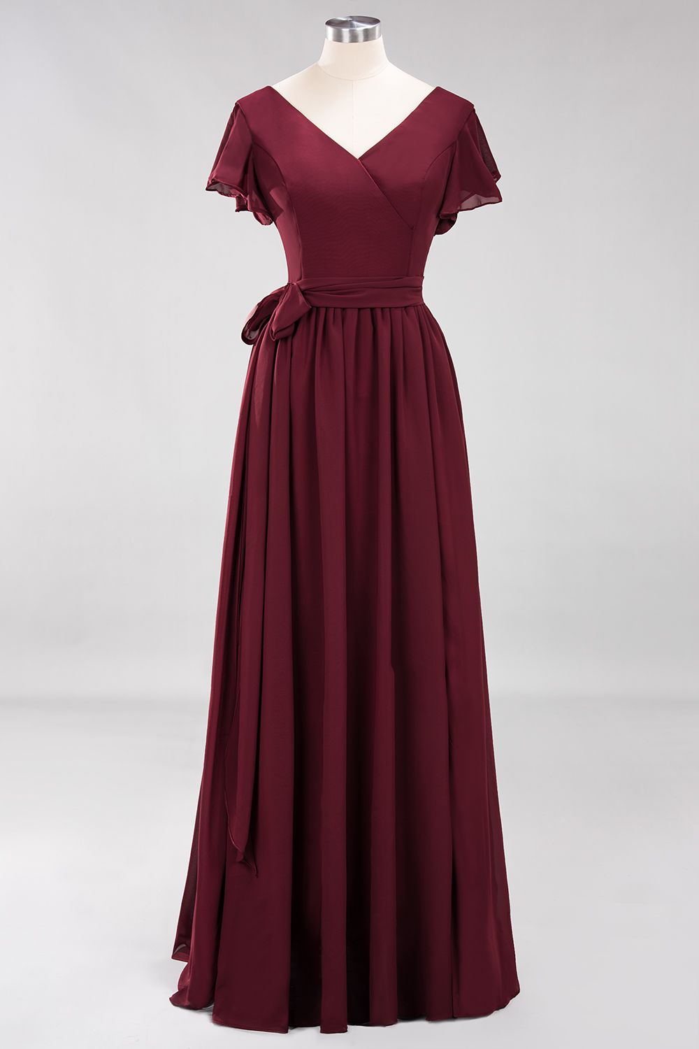 Burgundy V-Neck Long Bridesmaid Dresses With Short-Sleeves