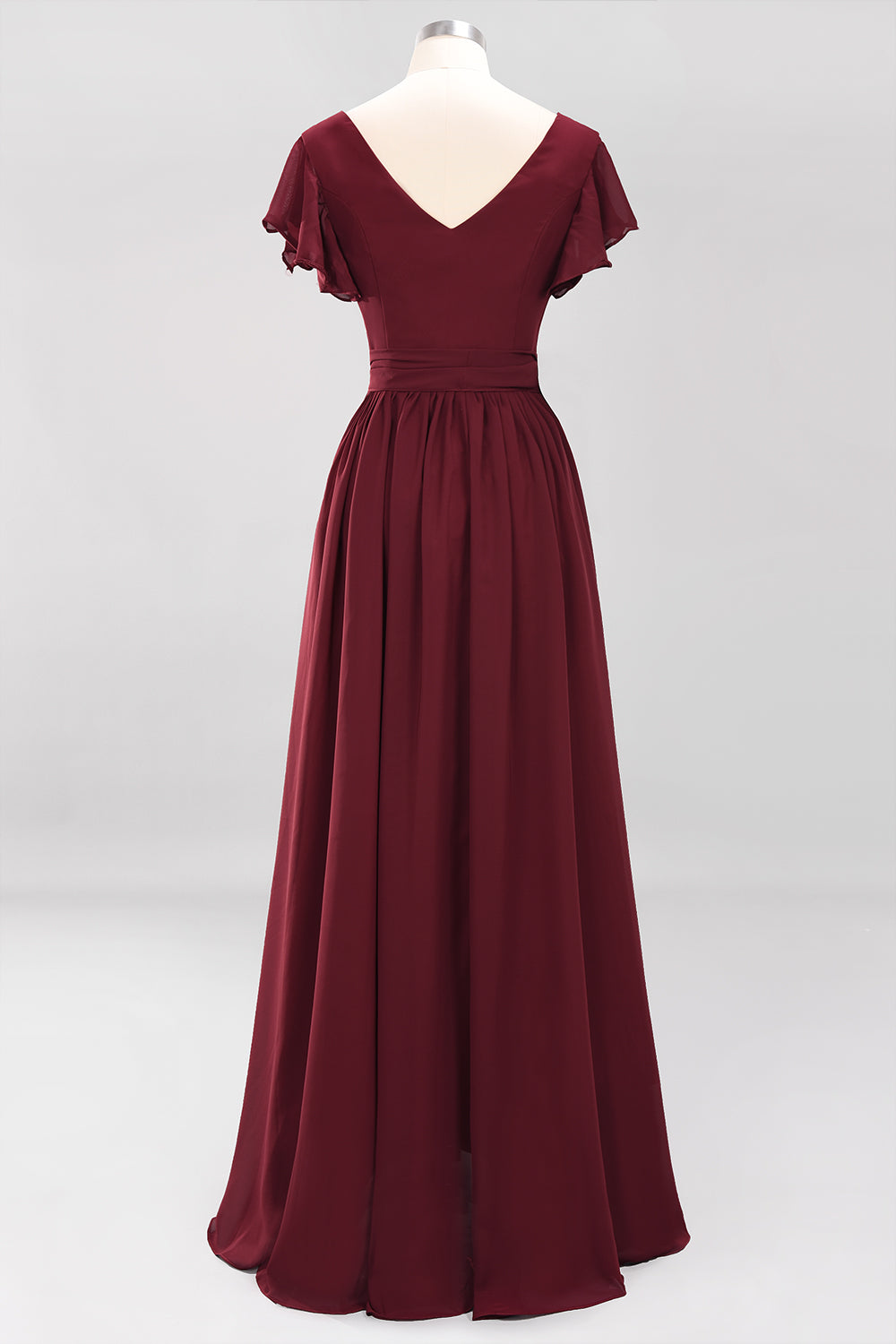 Burgundy V-Neck Long Bridesmaid Dresses With Short-Sleeves