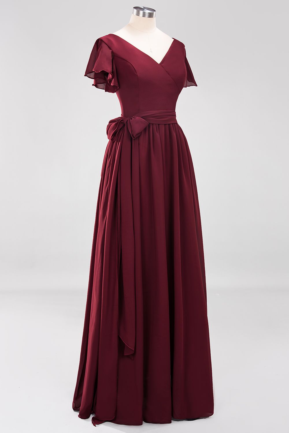 Burgundy V-Neck Long Bridesmaid Dresses With Short-Sleeves