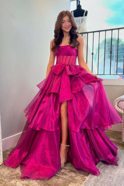 Sevoba|A-Line Strapless Empire-Waist Tiered Sleeveless Long Prom Dress with Bow