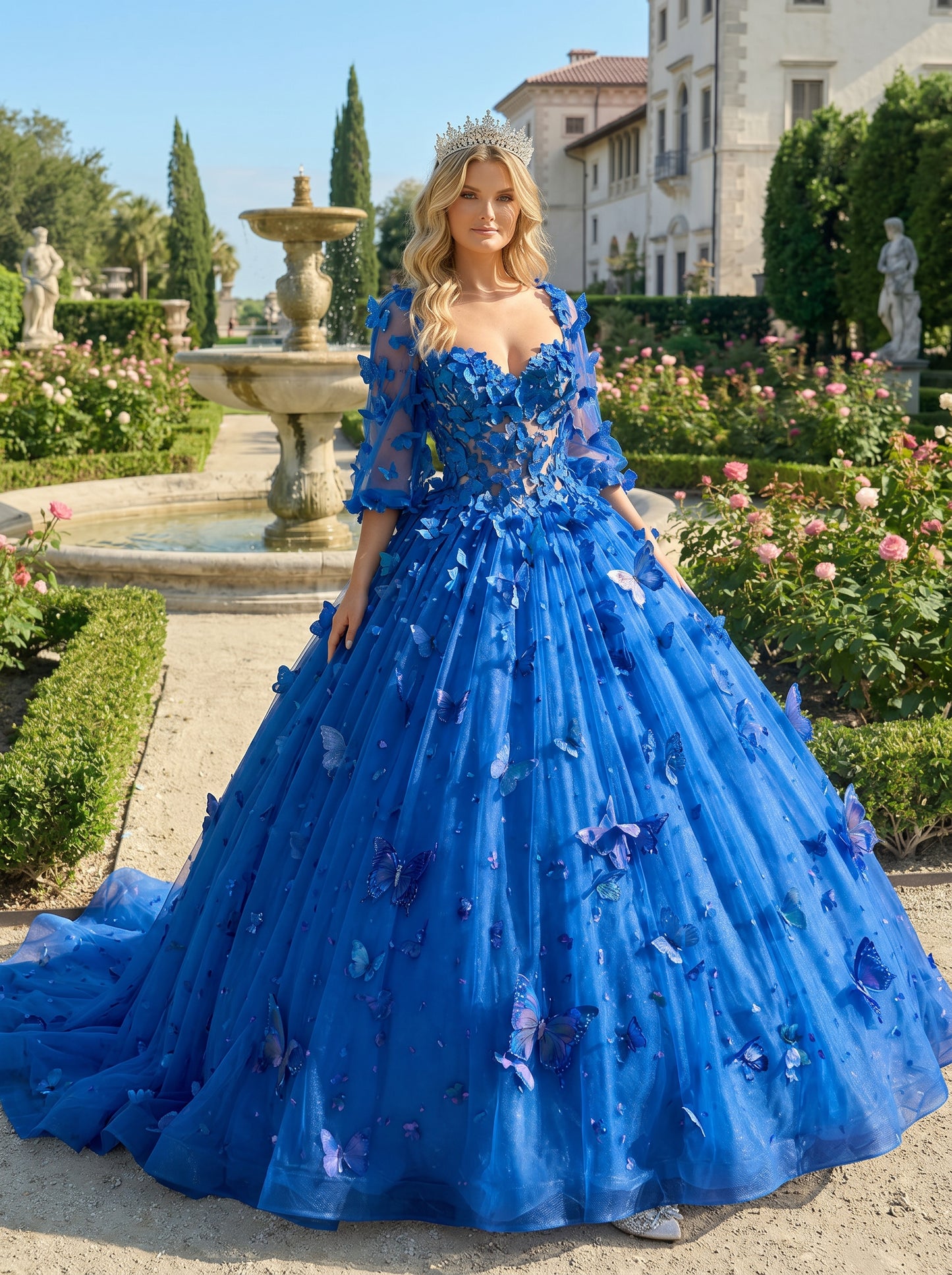 Charming Ball Gown Illusion Long Sleeves Quinceañera Dress With 3D Butterfly | Sevoba