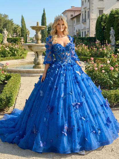 Charming Ball Gown Illusion Long Sleeves Quinceañera Dress With 3D Butterfly | Sevoba