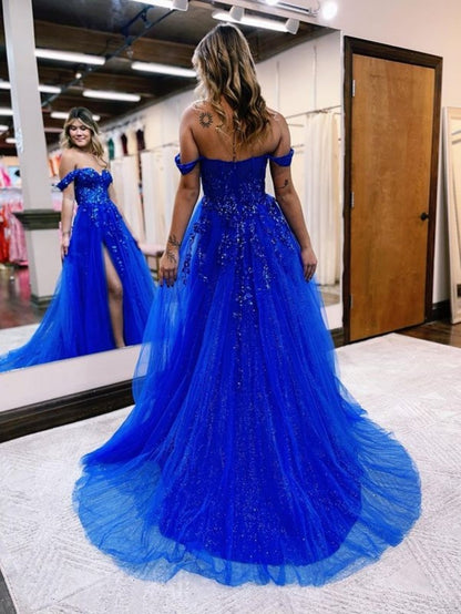 Meadow |A Line Off the Shoulder Lace Tulle Prom Dress With Slit