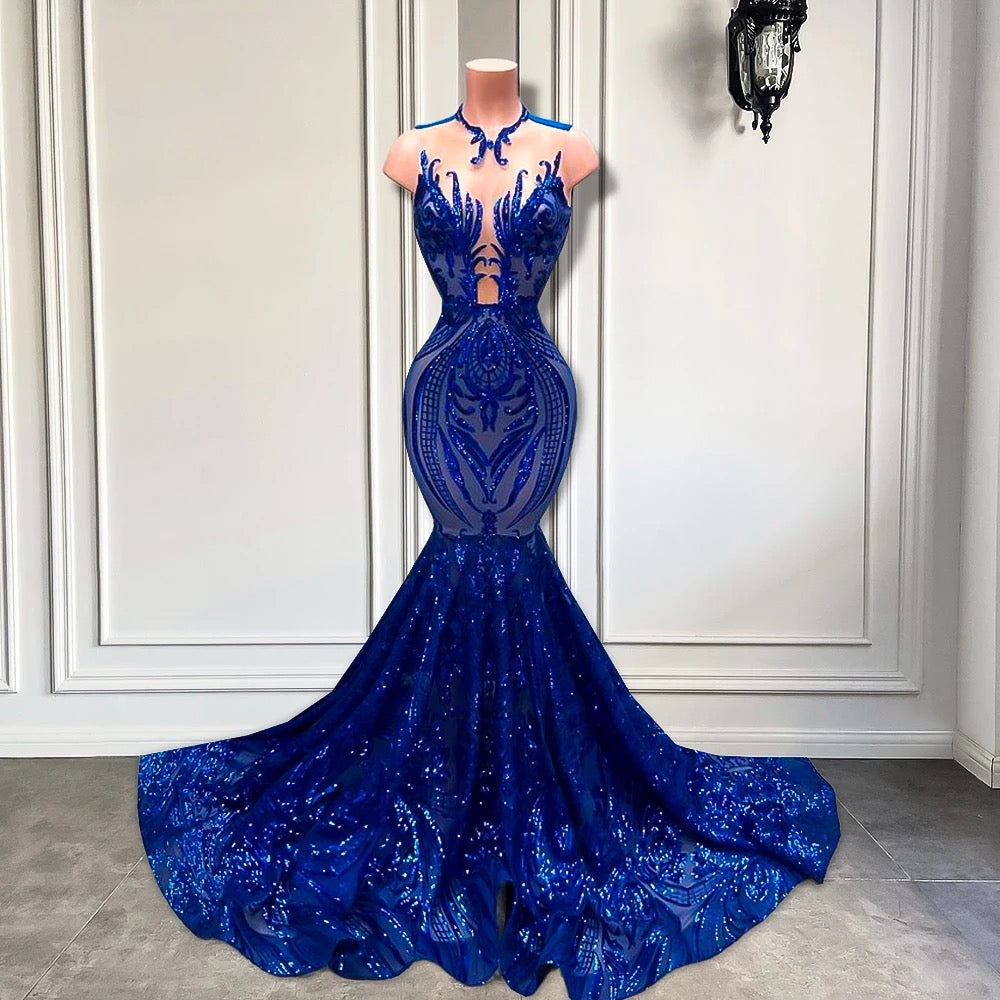 Fabulous Sequined Royal Blue Sleeveless Mermaid Long Formal Dresses