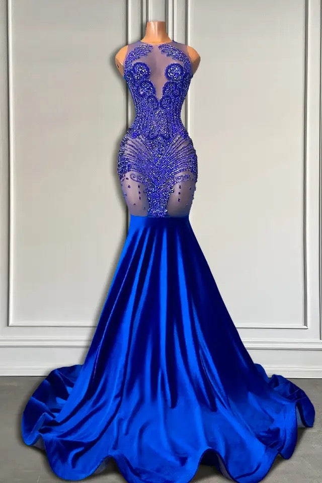 Gorgegous Sleeveless Royal Blue Scoop Neck Long Mermaid Formal Dresses with Beads