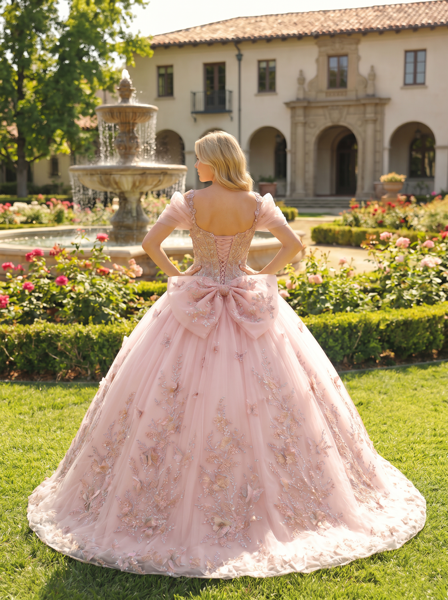 Elegant Ball Gown Cold Shoulder Quinceañera Dress With Floral Embroidery and 3D Butterfly | Sevoba