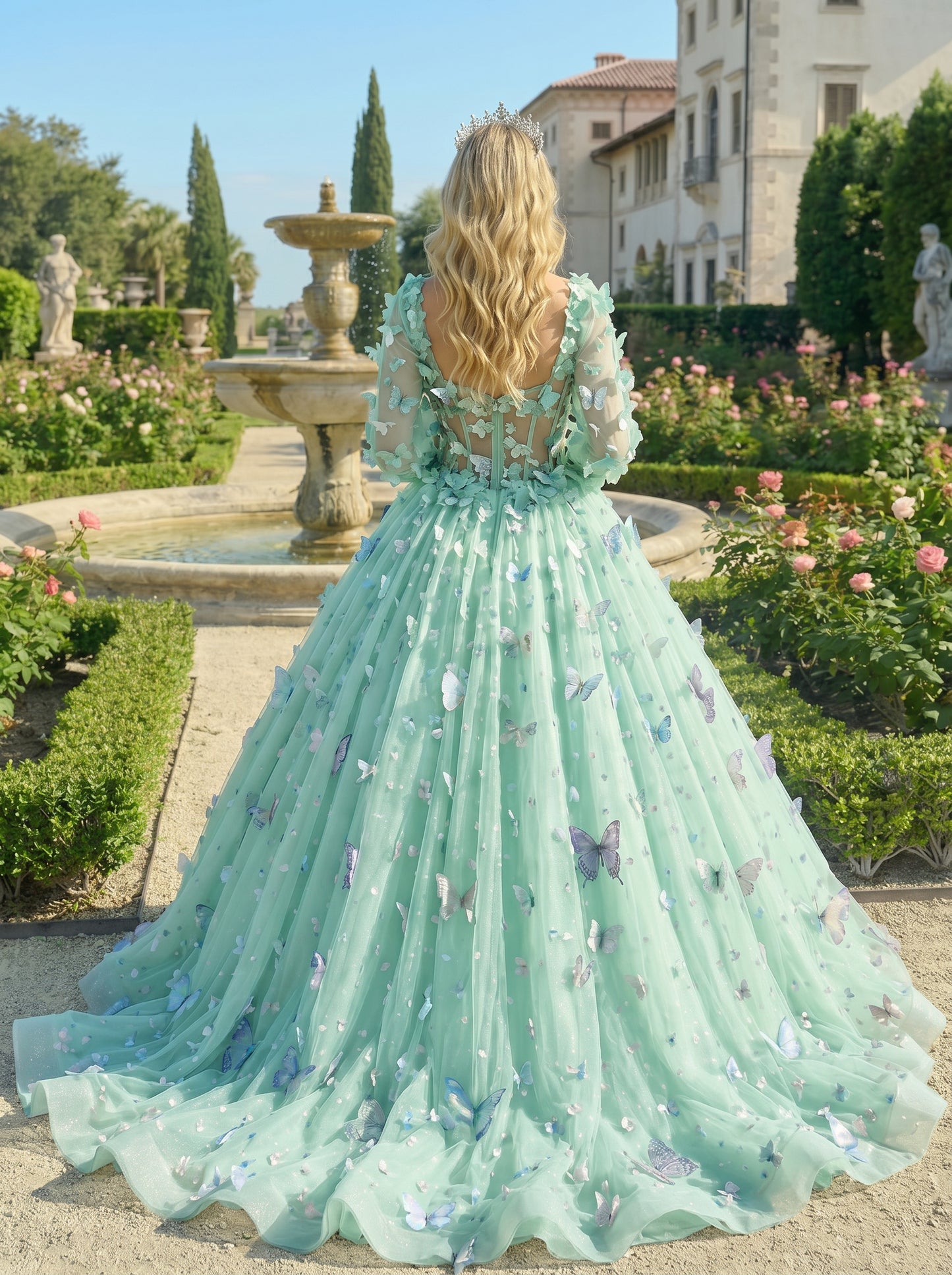 Charming Ball Gown Illusion Long Sleeves Quinceañera Dress With 3D Butterfly | Sevoba