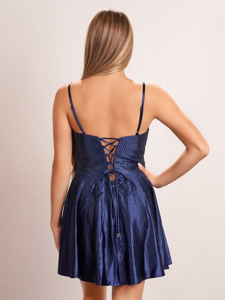 Sevoba|Hot Fix A-line Deep V illusion Short Beaded Homecoming Dress