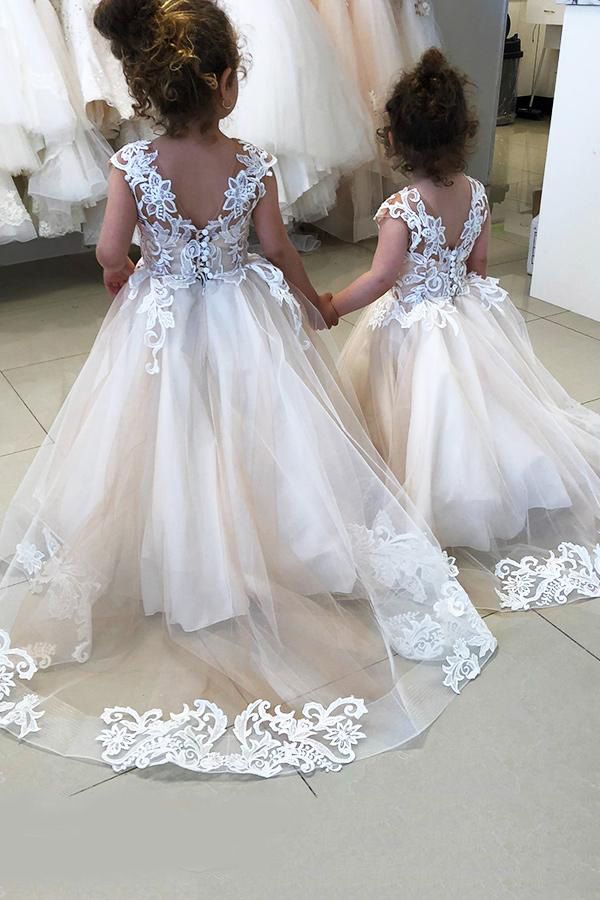 Cap Sleeves Appliques Flower Girl Dress