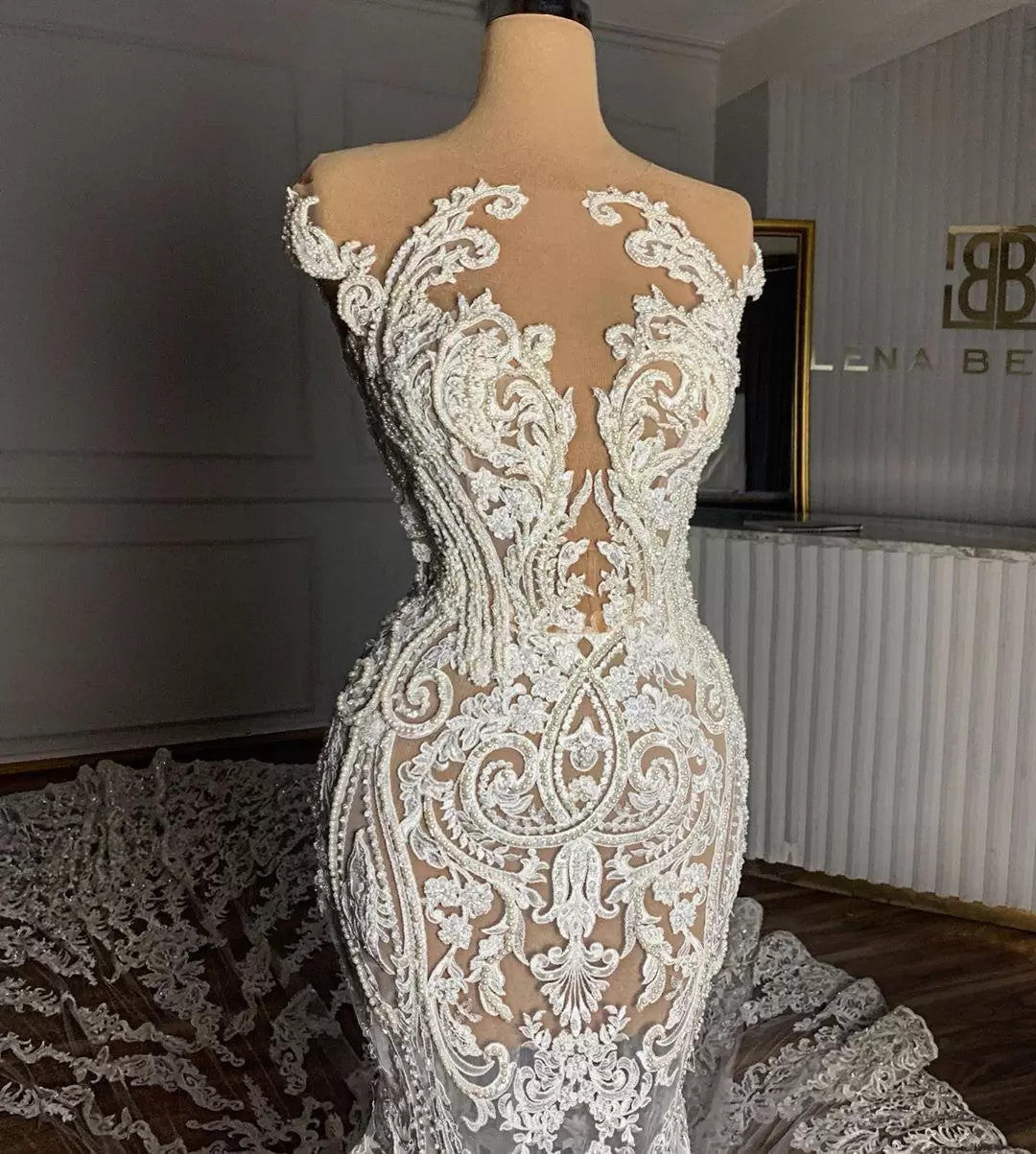 Cap Sleeves Lace Wedding Dress Mermaid Long On Sale