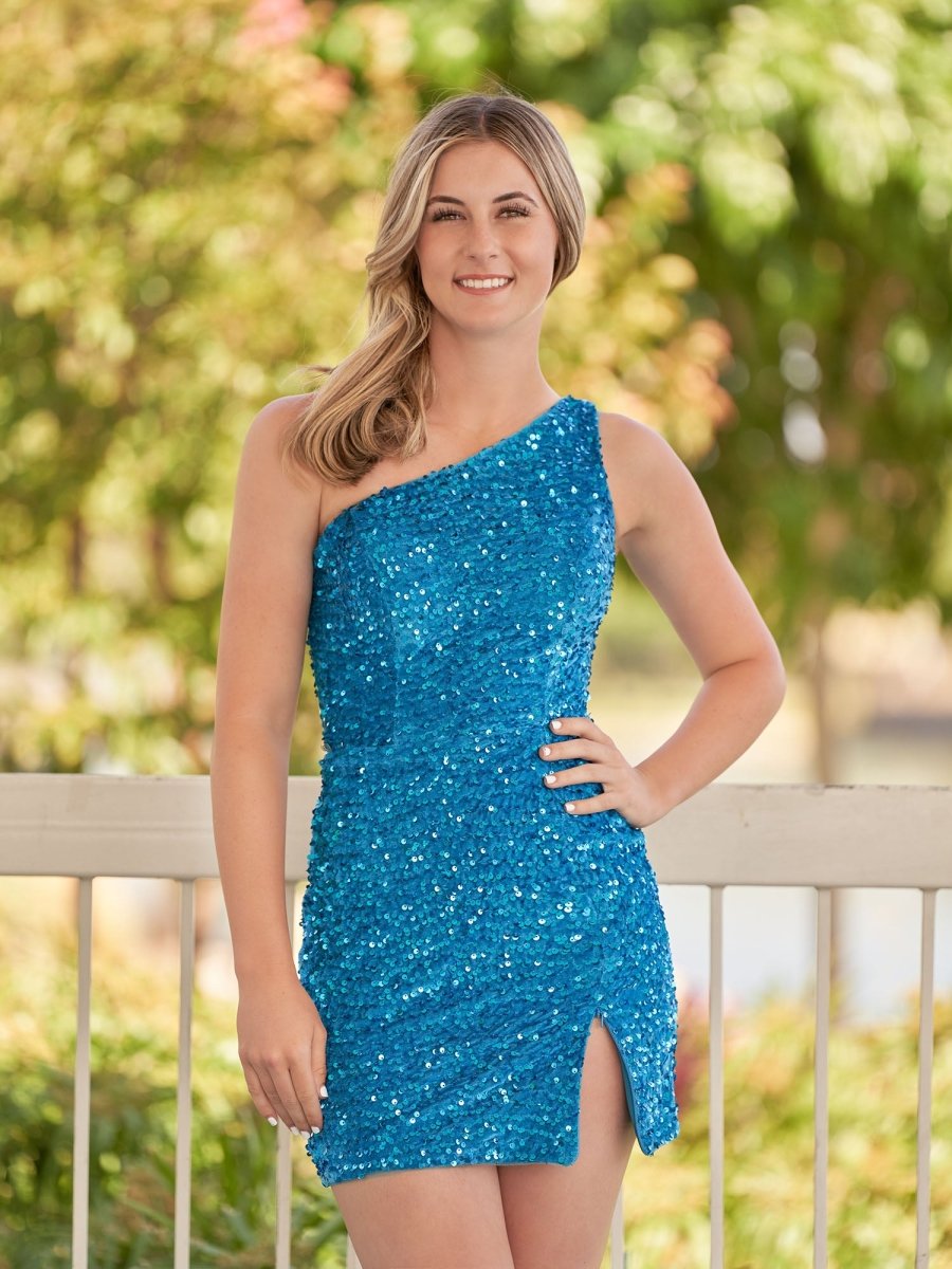 Sevoba | Sheath One Shoulder Blue Sequin Homecoming Dress With Slit