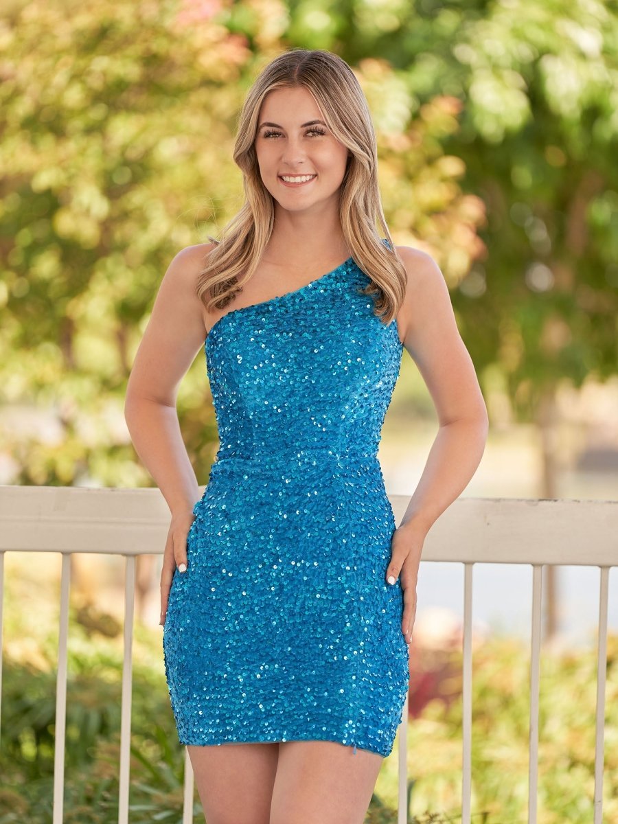 Sevoba | Sheath One Shoulder Blue Sequin Homecoming Dress With Slit