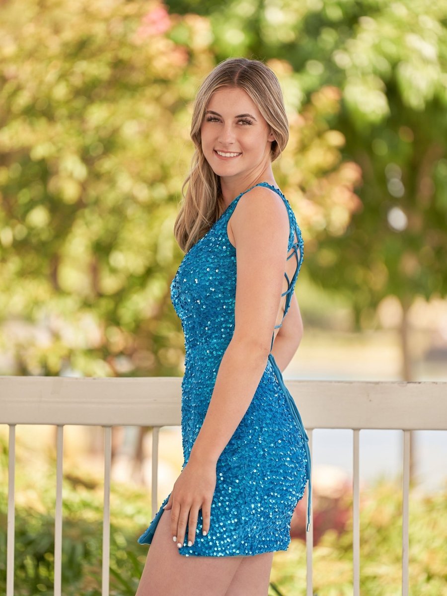 Sevoba | Sheath One Shoulder Blue Sequin Homecoming Dress With Slit