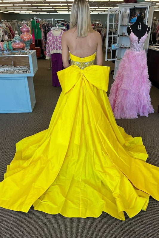 Chad | Yellow Strapless Beaded Waist Bow Back Long Gown