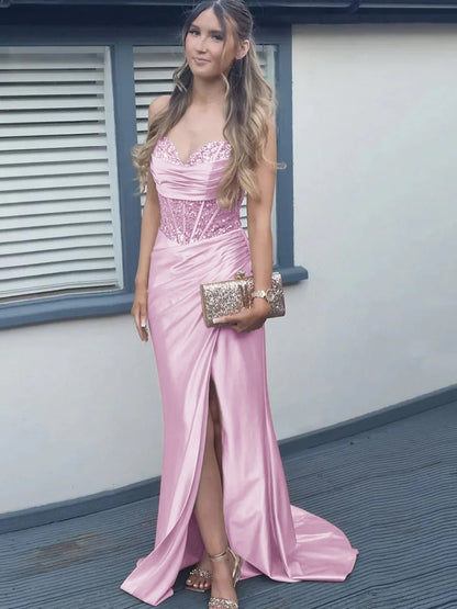 Chari | Mermaid Pink Off Shoulder Sheer Corset Rhinestone Long Prom Dress with Slit