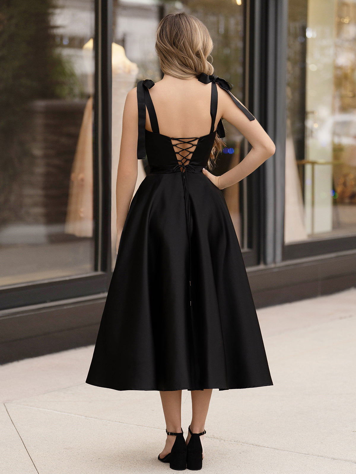 Sevoba | Black A line Sweetheart Satin Tea Length Homecoming Dress