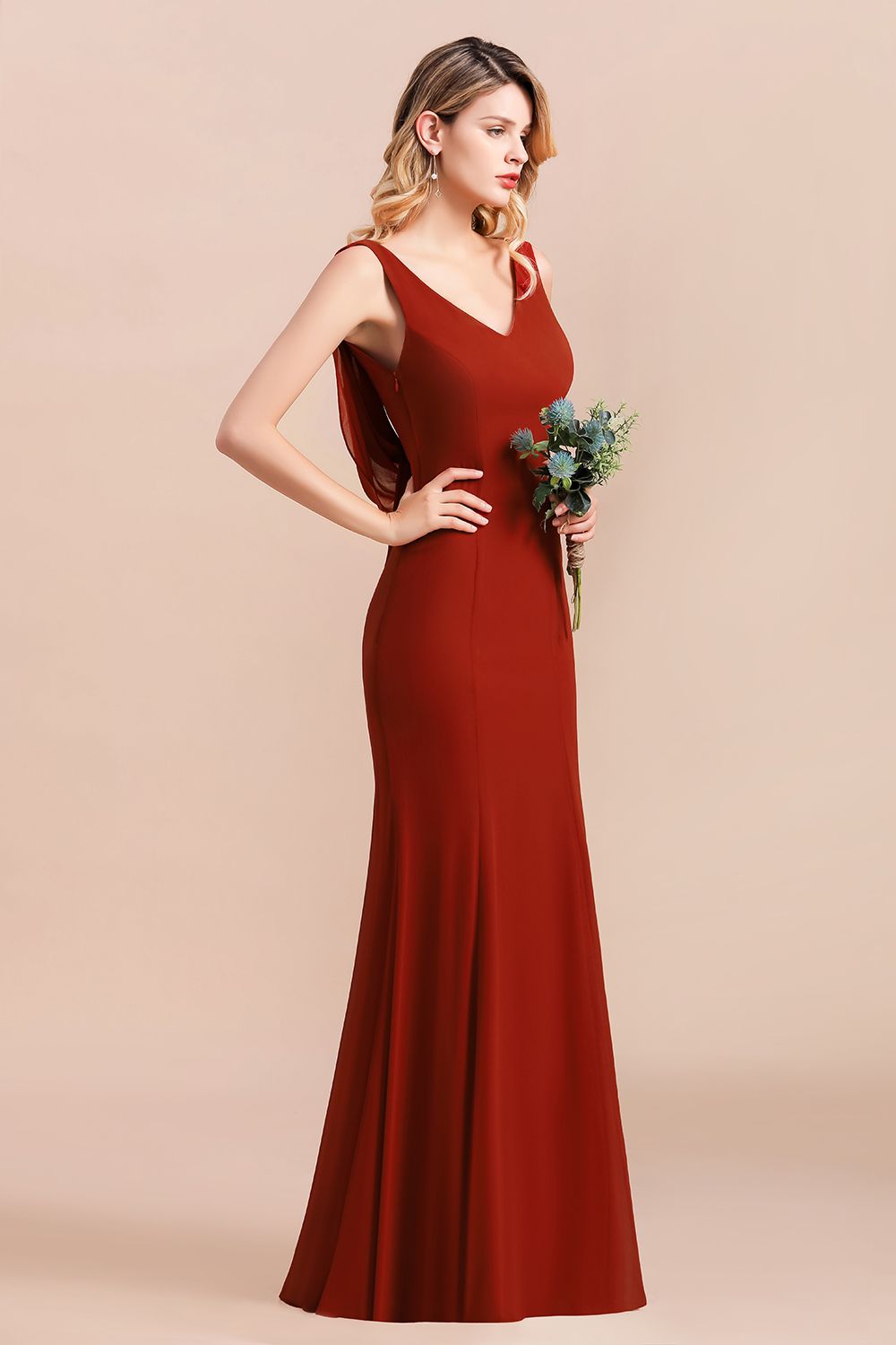 Charming Mermaid V-Neck Drapped Back Bridesmaid Dresses