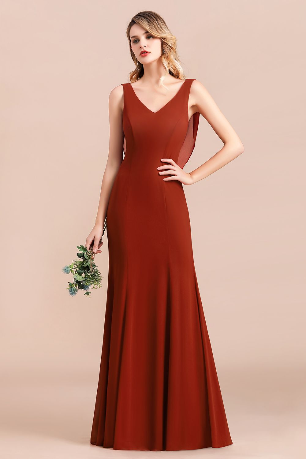 Charming Mermaid V-Neck Drapped Back Bridesmaid Dresses