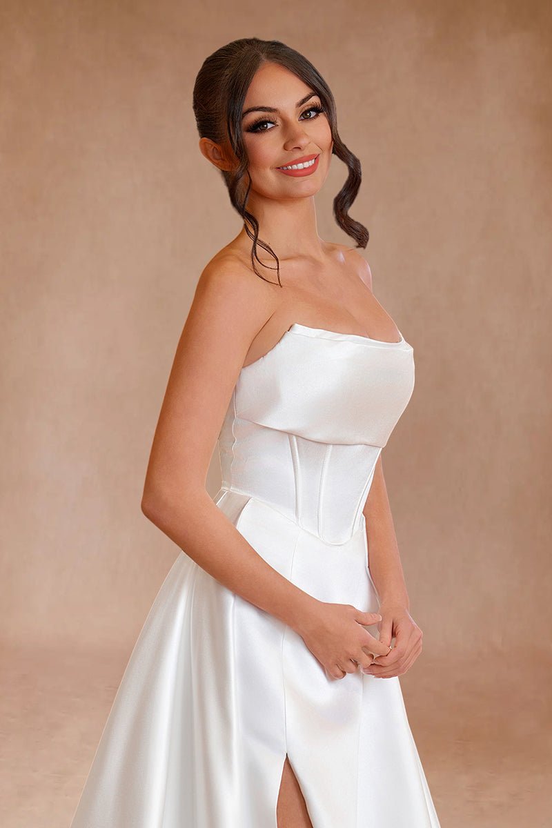 Sevoba|A-Line Strapless White Satin Wedding Dresses with Slit