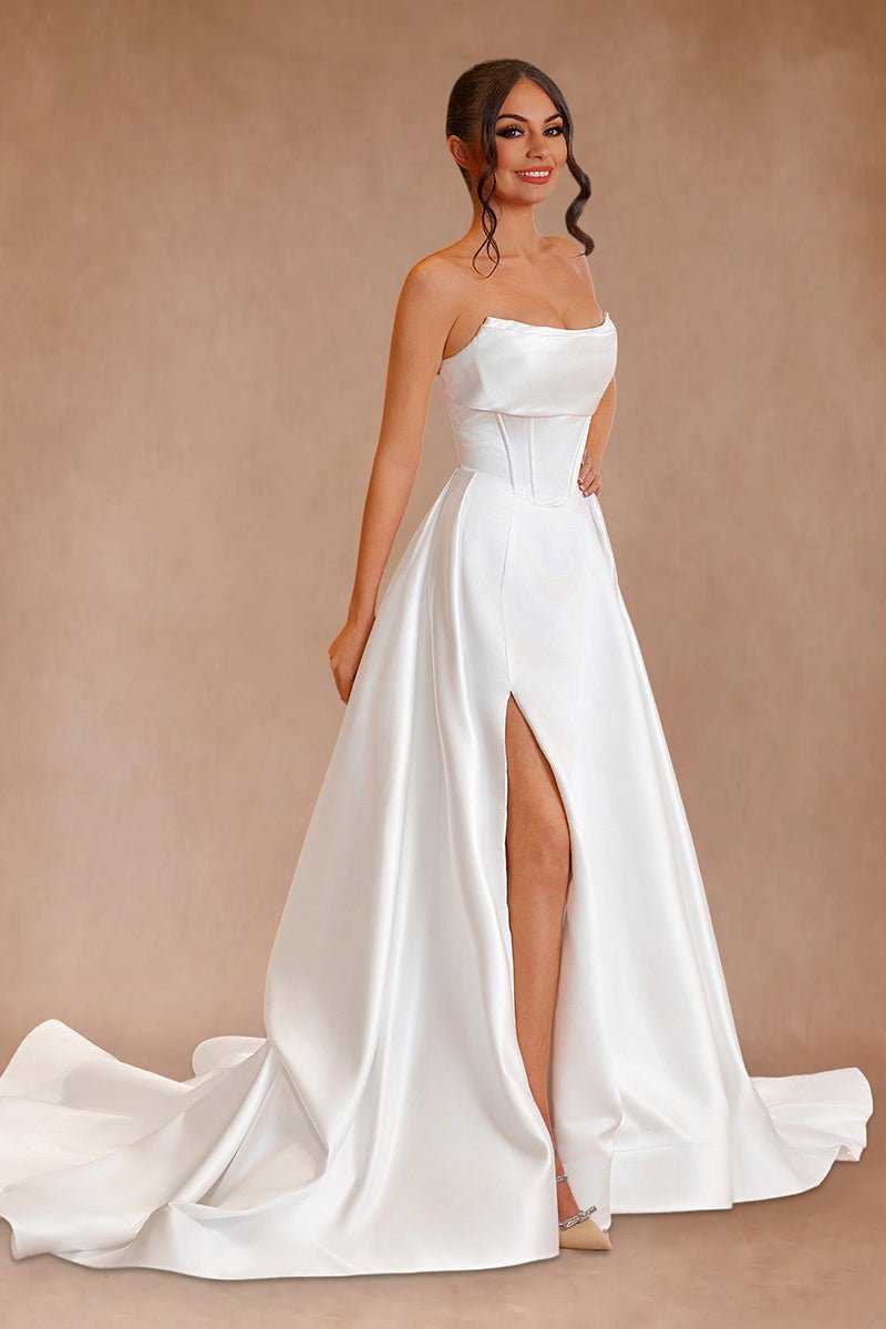 Sevoba|A-Line Strapless White Satin Wedding Dresses with Slit
