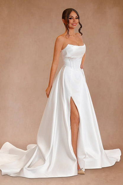 Sevoba|A-Line Strapless White Satin Wedding Dresses with Slit
