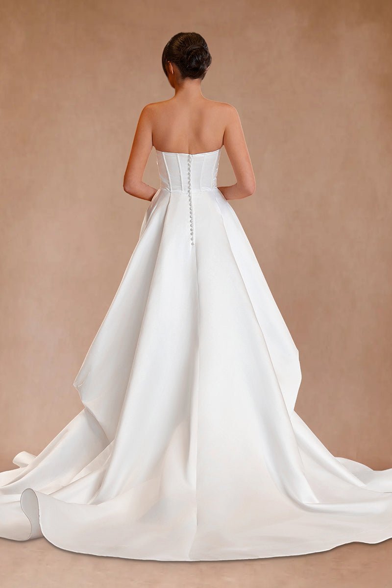 Sevoba|A-Line Strapless White Satin Wedding Dresses with Slit