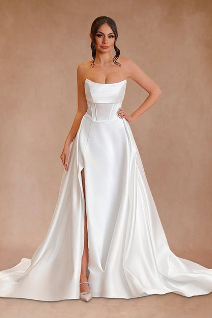 Sevoba|A-Line Strapless White Satin Wedding Dresses with Slit