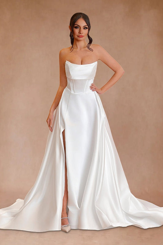 Sevoba|A-Line Strapless White Satin Wedding Dresses with Slit