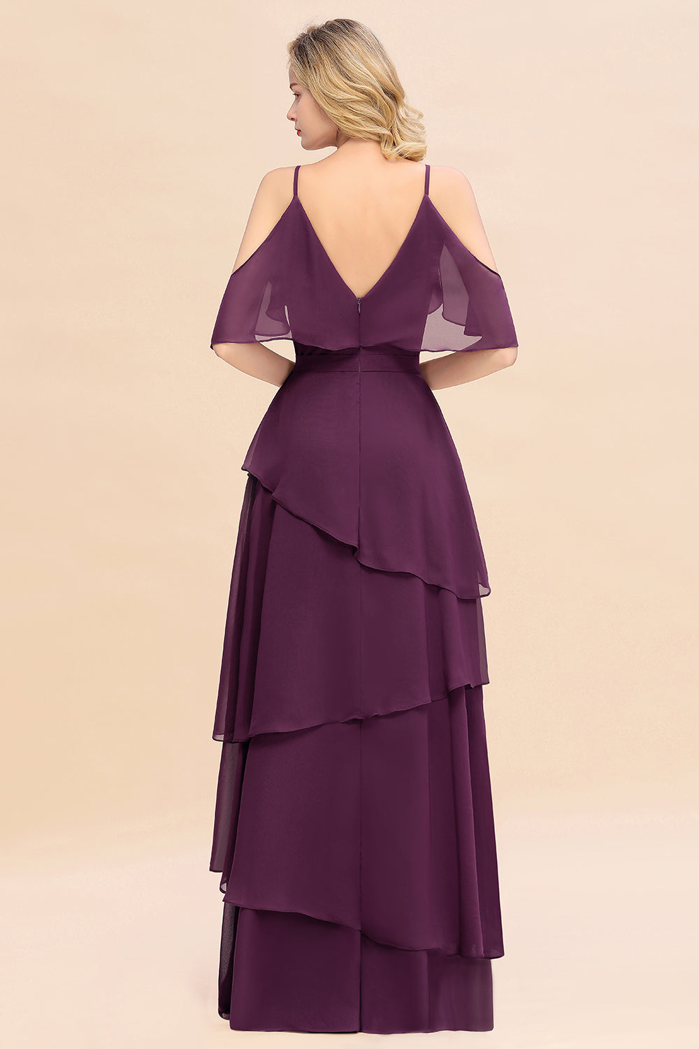 Chic Cold-Shoulder Layers Grape Chiffon Bridesmaid Dresses Affordable