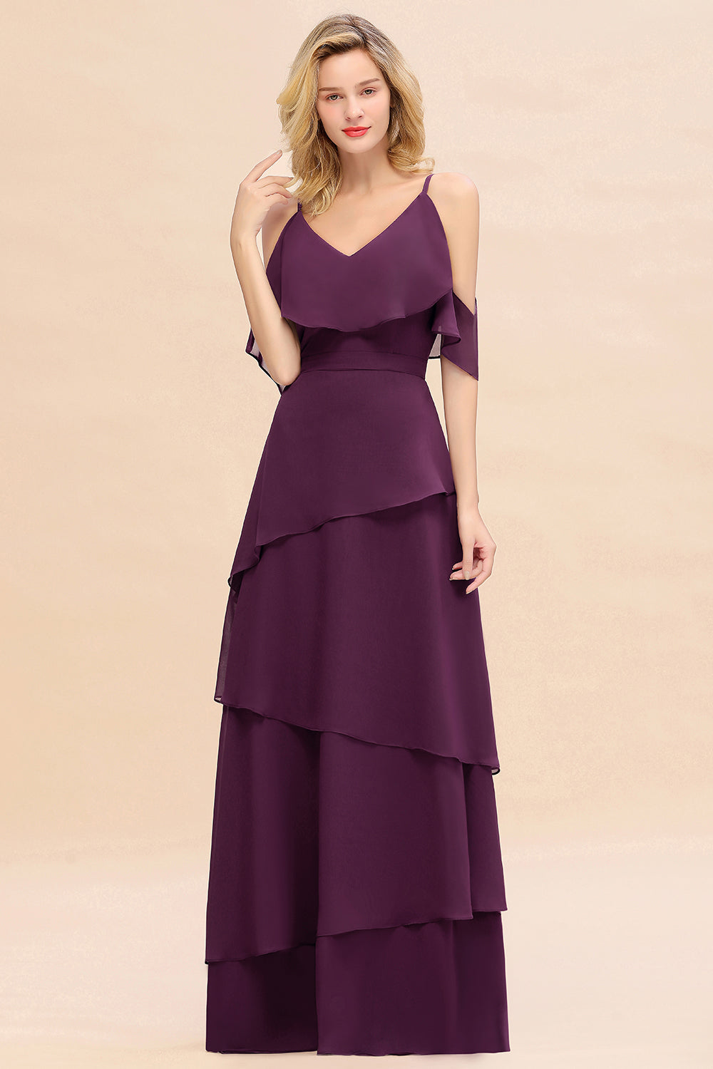 Chic Cold-Shoulder Layers Grape Chiffon Bridesmaid Dresses Affordable