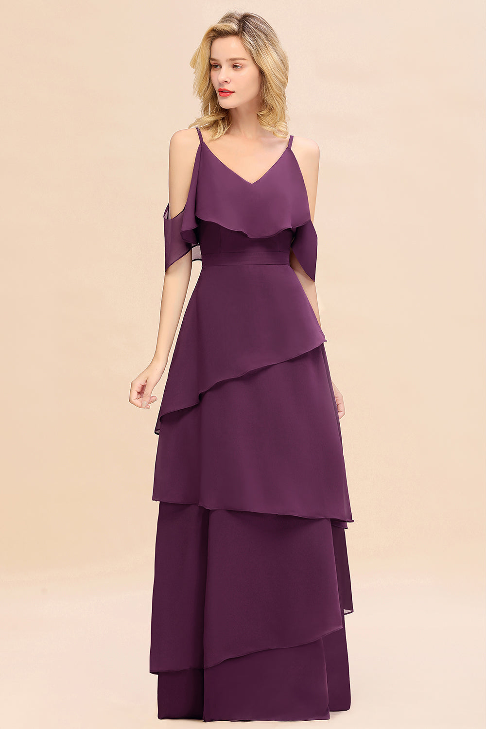 Chic Cold-Shoulder Layers Grape Chiffon Bridesmaid Dresses Affordable