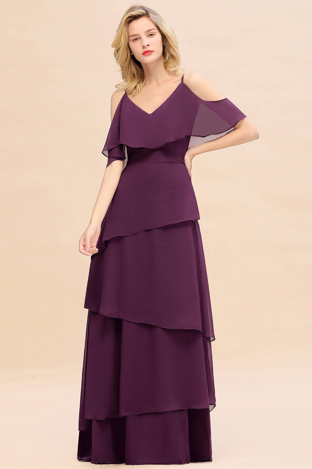 Chic Cold-Shoulder Layers Grape Chiffon Bridesmaid Dresses Affordable