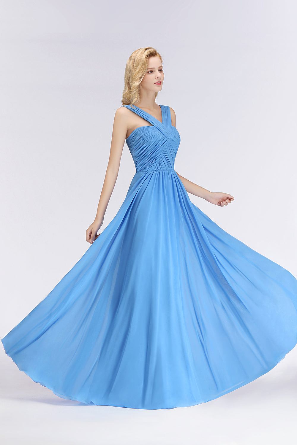 Chic Crisscross Ocean Blue Junior Bridesmaid dresses Affordable Chiffon Ruffle Maid of Honor Dresses