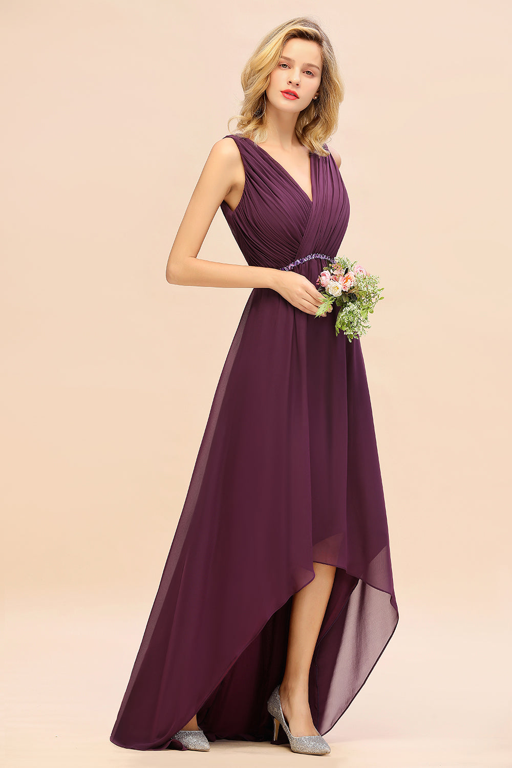 Chic Hi-Lo V Neck Ruffle Bridesmaid Dresses with Beading Sash