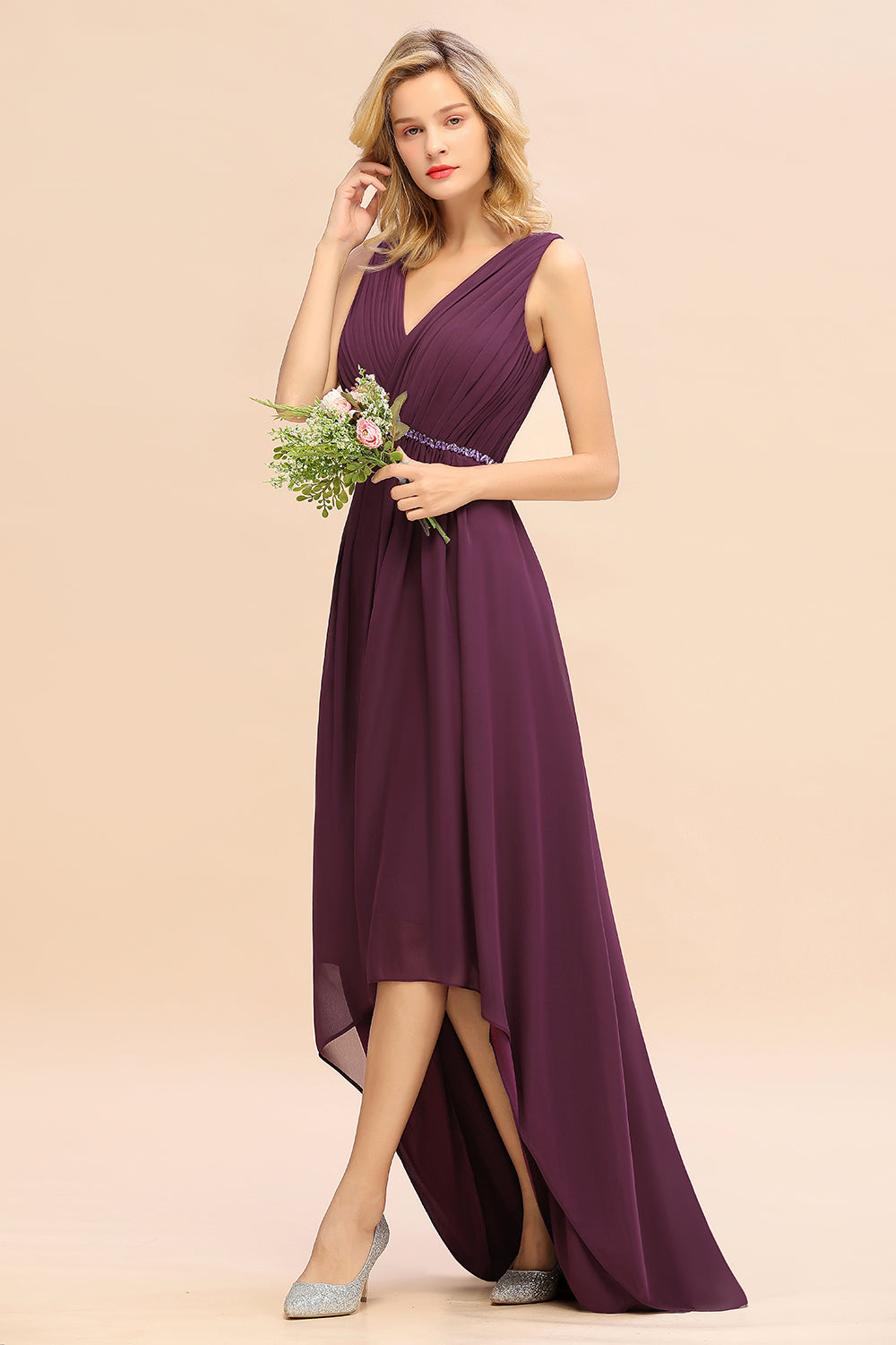 Chic Hi-Lo V Neck Ruffle Bridesmaid Dresses with Beading Sash