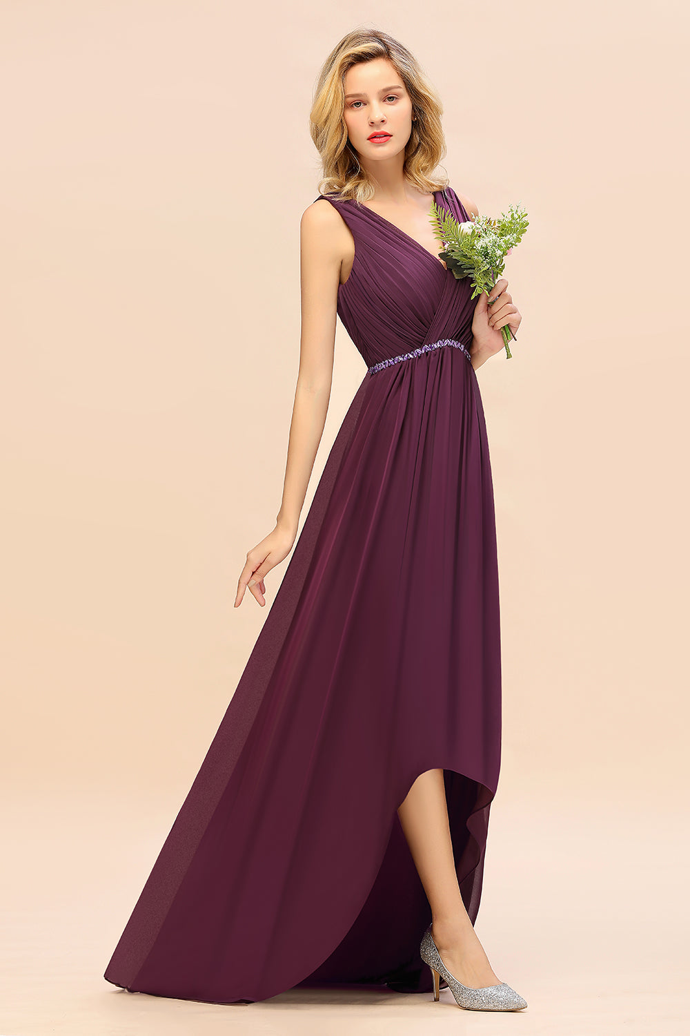 Chic Hi-Lo V Neck Ruffle Bridesmaid Dresses with Beading Sash