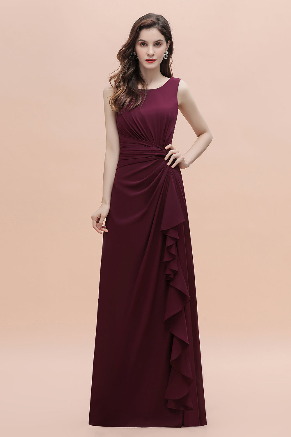 Chic Jewel Cabernet Chiffon Ruffles Bridesmaid Dresses with Slit On Sale