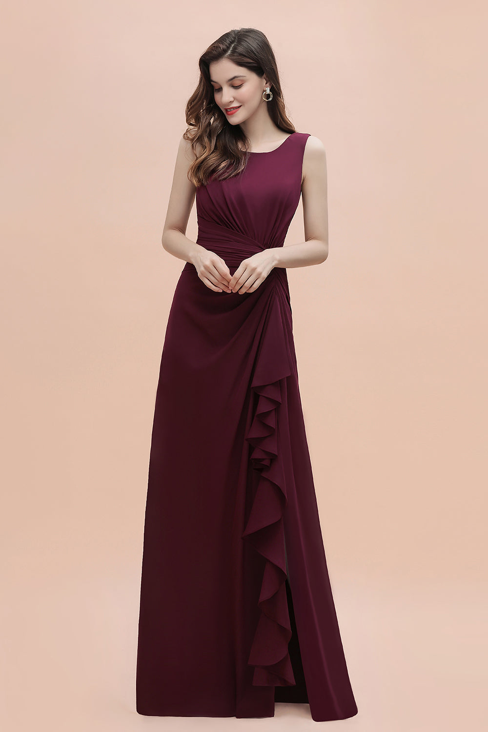 Chic Jewel Cabernet Chiffon Ruffles Bridesmaid Dresses with Slit On Sale