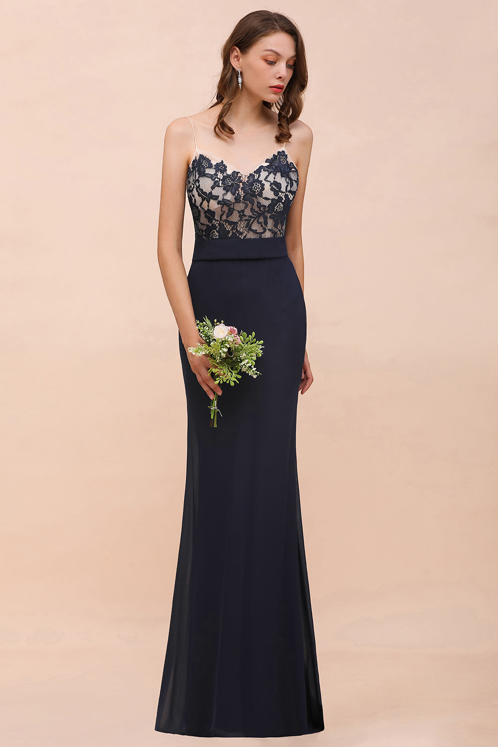 Chic Mermaid Chiffon Lace Affordable Bridesmaid Dresses with Spaghetti Straps